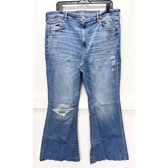 American Eagle Super Hi-Rise Flare Jeans 18 Stretch Blue Denim Distressed NEW - Picture 6 of 11